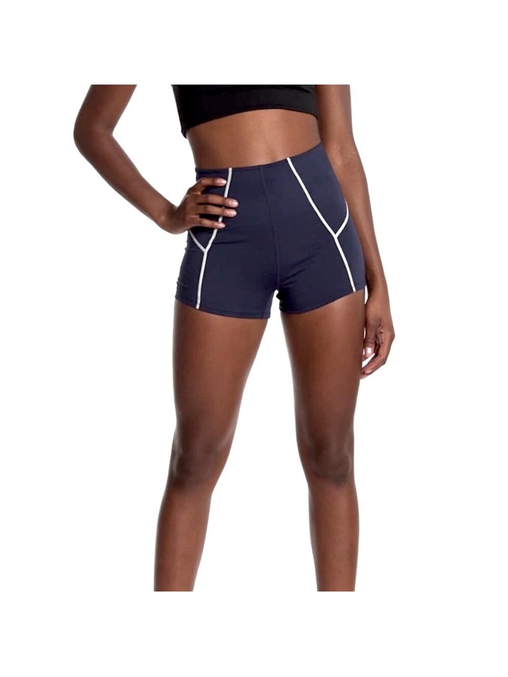 FP Movement by Free People Navy High-Waist Bike Shorts with White Piping